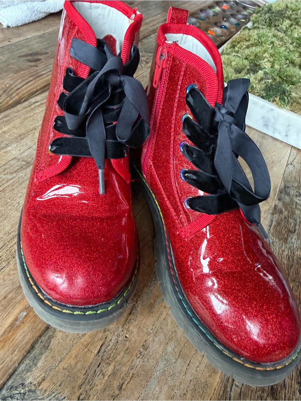 Dream Pairs Red Glitter Ankle Boots with Black Ribbon Laces